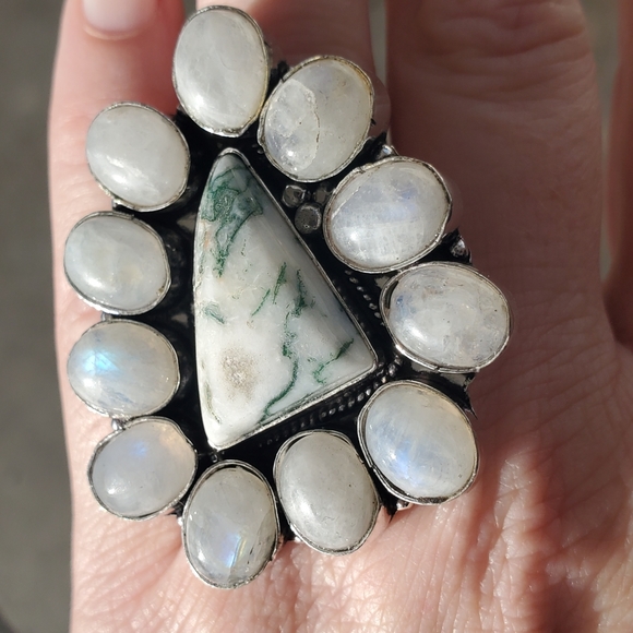 New Huge Tree Agate & Rainbow Moonstone 925 Silver Statement Ring. - Picture 4 of 13